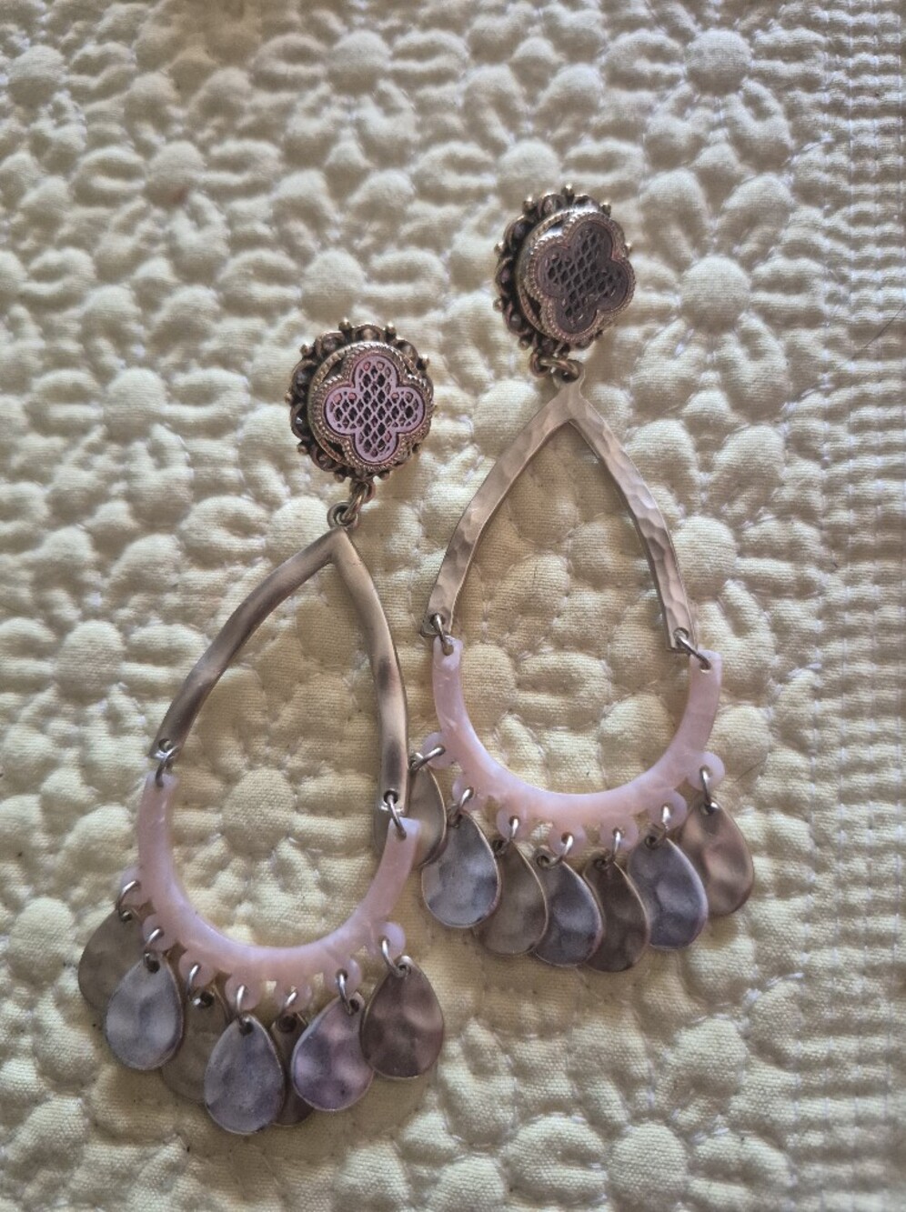 Pink Teardrop Dangle Earrings with Metallic Accents